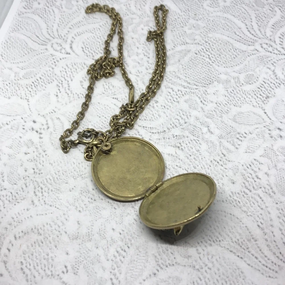 Fossil brand antique brass tone long locket owl pendant chain necklace boho